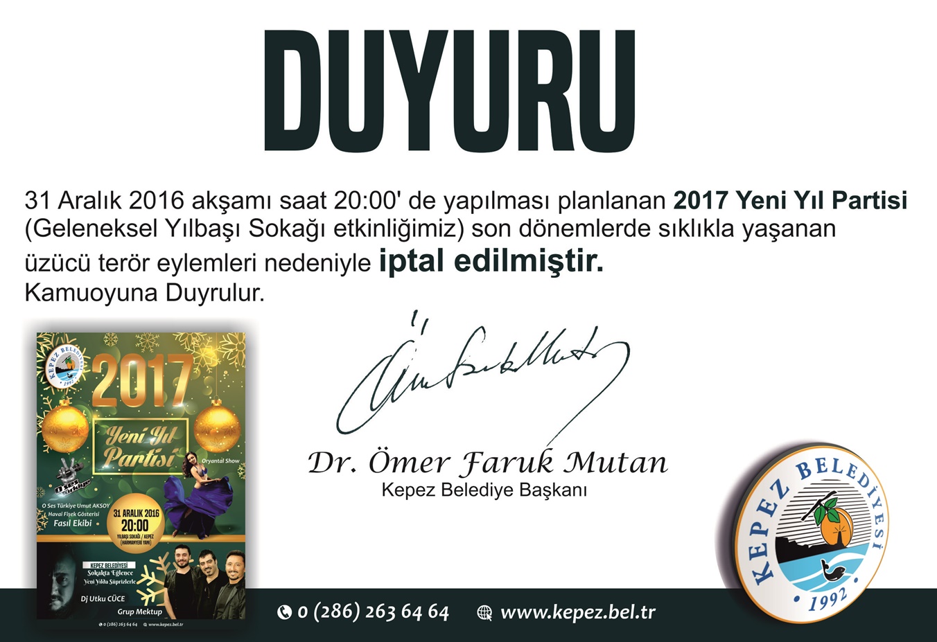 Kepez Belediyesi Yeni Yıl Partisini İptal Etti