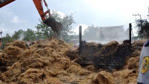 Elektrik tellerine değen saman yüklü kamyon kül oldu