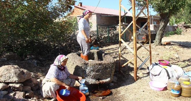 80 yıllık el yapımı taş havuzda ayakları ile ezip üzüm şırası üretiyorlar