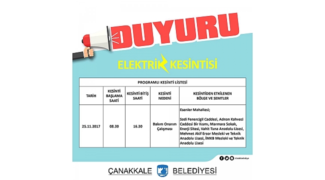 Çanakkale'de Elektrik Kesintisi!!! İşte O Mahalle ve Sokaklar...