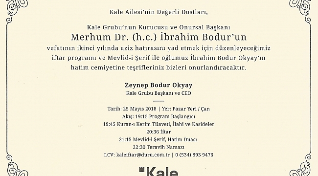 Dr. Hacı İbrahim Bodur´un Vefatının 2.Yılı Anısına İftar Yemeği Verilecek