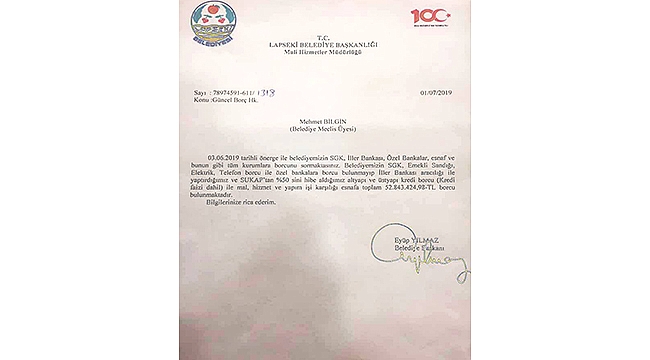 LAPSEKİ BELEDİYESİ'NİN GÜNCEL BORCU AÇIKLANDI
