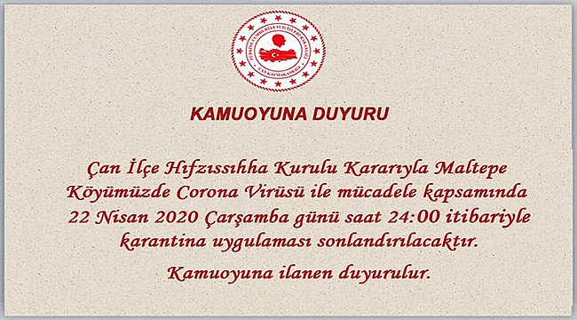 BİR KÖYÜMÜZDE KARANTİNA BU GECE SONA ERİYOR!