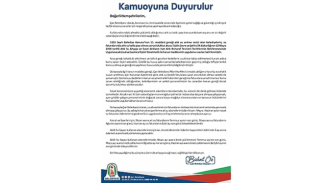 ÇAN BELEDİYESİ'NDEN DUYURU!