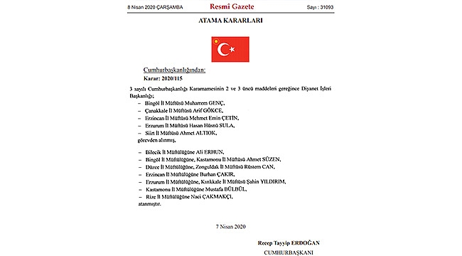 CUMHURBAŞKANI ERDOĞAN'IN İMZASIYLA 5 İLİN MÜFTÜSÜ GÖREVDEN ALINDI!