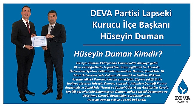 DEVA PARTİSİ LAPSEKİ KURUCU İLÇE BAŞKANI BELLİ OLDU