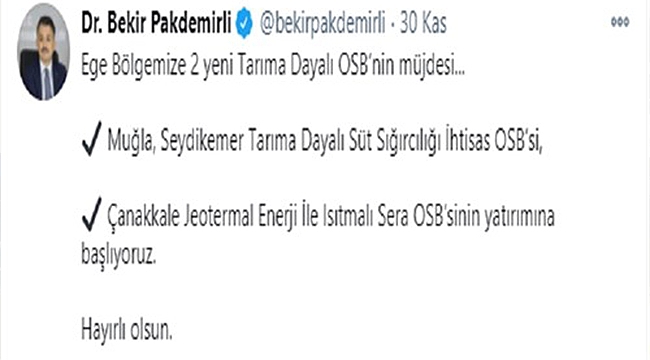 BAKAN PAKDEMİRLİ'DEN ÇANAKKALE'YE JEOTERMAL ENERJİ İLE ISITMALI SERA OSB MÜJDESİ