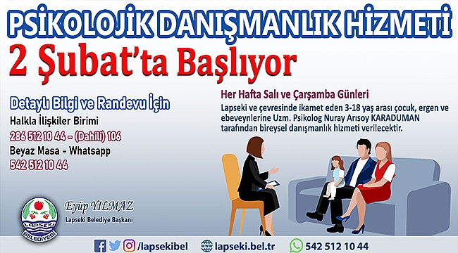 LAPSEKİ BELEDİYESİ PSİKOLOJİK DANIŞMANLIK HİZMETİ BAŞLIYOR