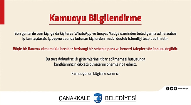 BELEDİYEDEN DOLANDIRICILIK UYARISI!