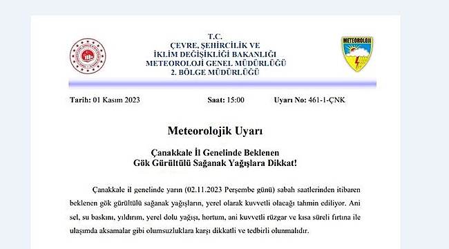 METEOROLOJİ'DEN ÇANAKKALE'YE UYARI!