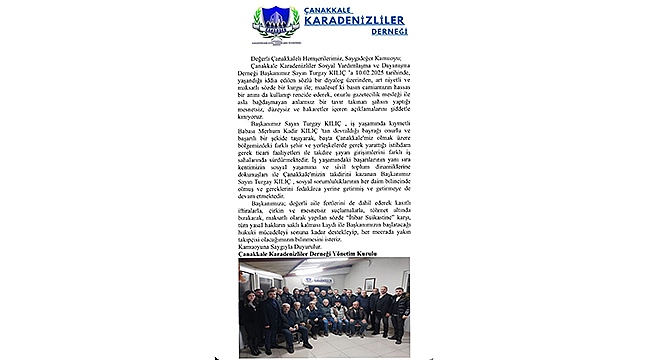 ÇANAKKALE KARADENİZLİLER SOSYAL YARDIMLAŞMA VE DAYANIŞMA DERNEĞİN'DEN AÇIKLAMA