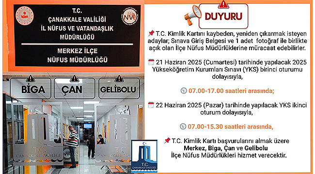 YKS SINAVI GÜNLERİNDE NÜFUS MÜDÜRLÜKLERİ AÇIK OLACAK
