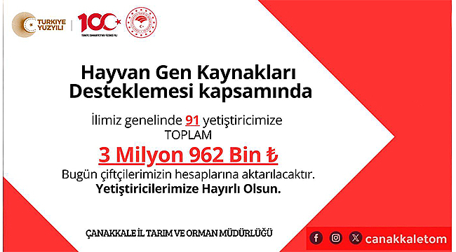ÇANAKKALE'DE 91 YETİŞTİRİCİYE 3,9 MİLYON TL DESTEK ÖDEMESİ