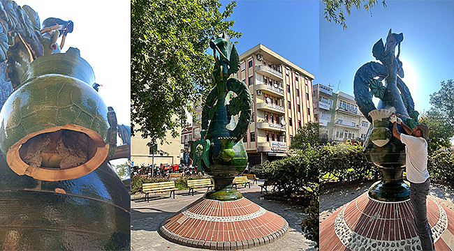 ÇANAKKALE'NİN SİMGESİ AT BAŞLI TESTİ HEYKELİ ONARILDI
