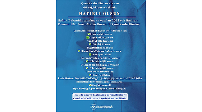 ÇANAKKALE’YE 2025 YILI HAZİRAN DÖNEMİ SAĞLIK PERSONELİ ATAMALARI YAPILDI