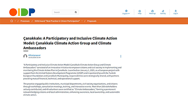 ÇANAKKALE BELEDİYESİ İKLİM ELÇİLERİ PROJESİ ULUSLARARASI OIDP ÖDÜLÜ'NE ADAY