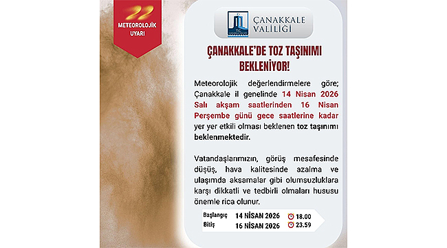 ÇANAKKALE İÇİN TOZ TAŞINIMI UYARISI