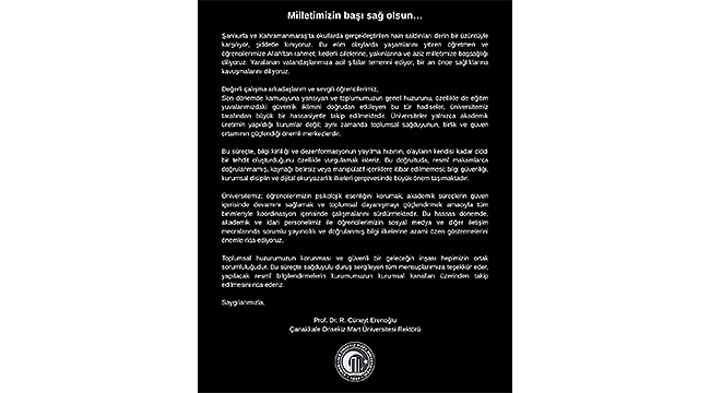 REKTÖR ERENOĞLU'NDAN OKULLARDAKİ SALDIRILARA İLİŞKİN BAŞSAĞLIĞI MESAJI