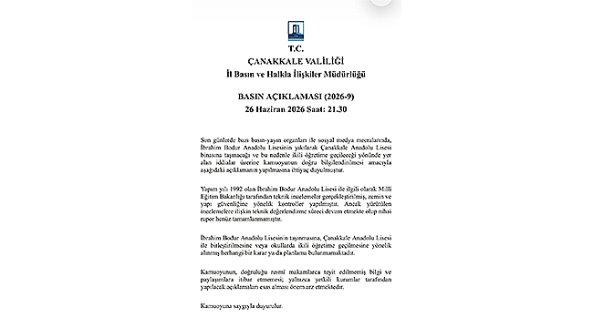 VALİLİKTEN İBRAHİM BODUR ANADOLU LİSESİ AÇIKLAMASI