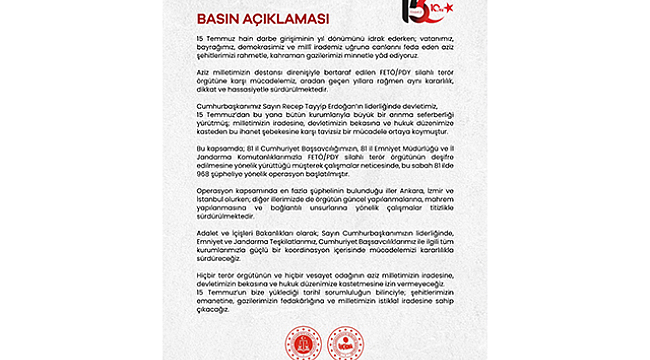 İÇİŞLERİ BAKANLIĞI'NDAN 15 TEMMUZ MESAJI