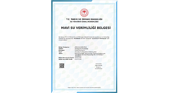 ÇANAKKALE BELEDİYESİ, "MAVİ SU VERİMLİLİĞİ BELGESİ" ALAN İLK İL BELEDİYESİ OLDU