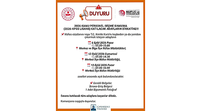 KPSS ADAYLARINA ÇANAKKALE'DE KİMLİK KOLAYLIĞI